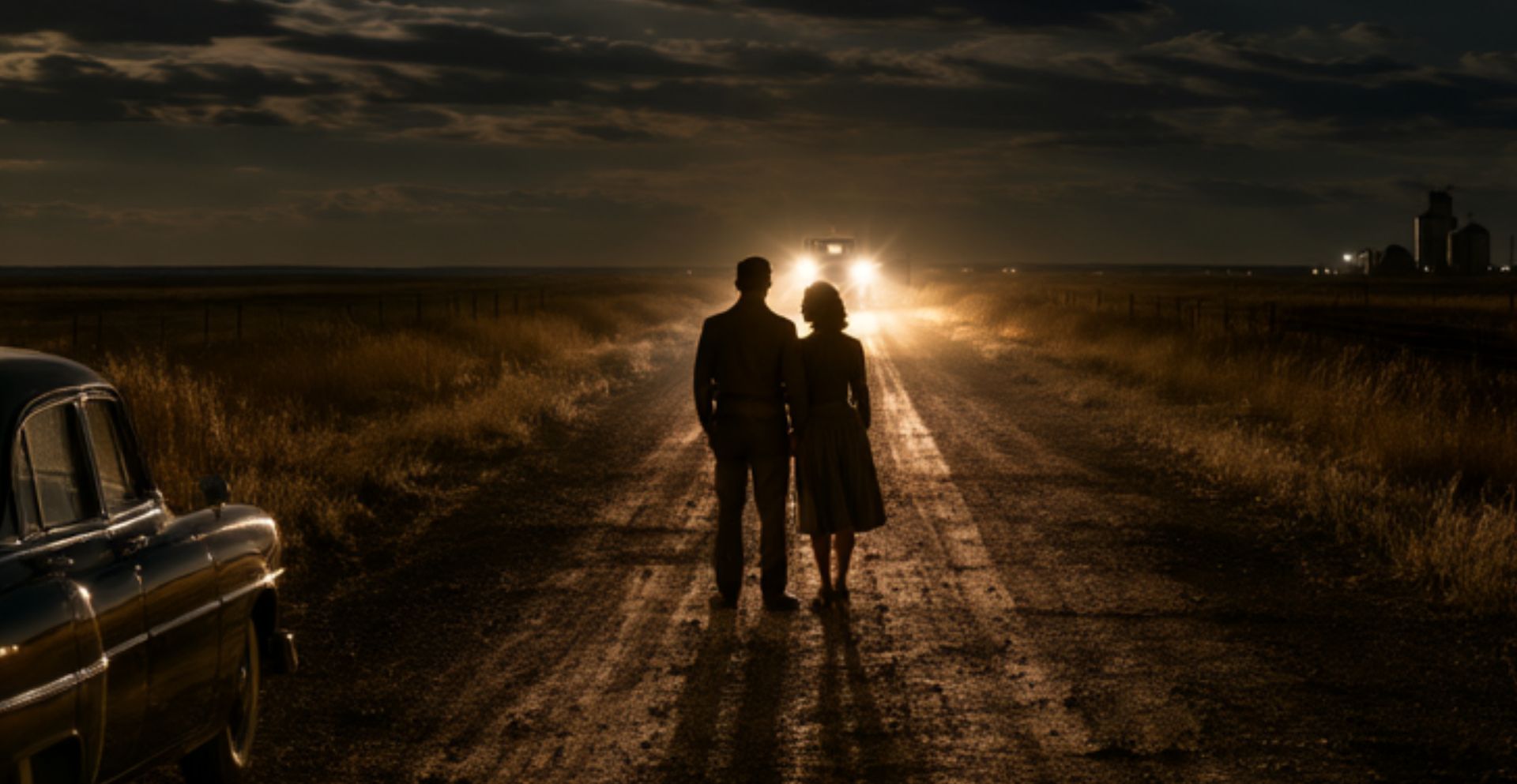 How High the Moon, a couple on a moonlit prairie road beside a 1950s car