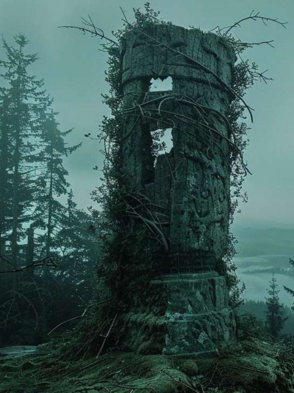 Lookout still, a moss-covered ritual tower in mountain fog
